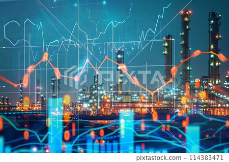 Oil and gas refinery with oil storage tanks and petrochemical plant infrastructure, fuel price change graph 114383471