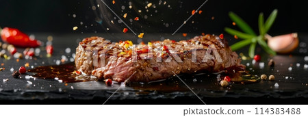 Grilled beef steak in Teriyaki sauce, delicious juicy beef steak with spices and sauce close-up on a board on a dark background, banner 114383488
