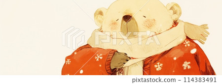 Illustration of a cute funny bear Teddy bear in a scarf in winter isolated on a light background, children's illustration for a postcard, banner 114383491