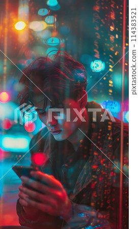 Young man using smartphone on the street, modern gadgets Young man using smartphone on the street, modern gadgets 114383521