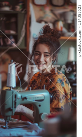 Young girl seamstress at home, the girl sits at the sewing machine and looks at the camera Young girl seamstress at home, the girl sits at the sewing machine and looks at the camera 114383522