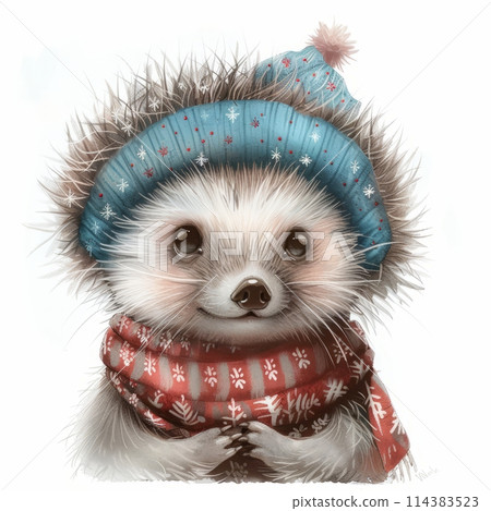 Illustration of a cute funny hedgehog in a scarf in winter isolated on a light background, children's illustration for a postcard Illustration of a cute funny hedgehog in a scarf in winter isolated on a light background, children's illustration for a postcard 114383523