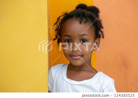 African American girl 4-6 years old in a white T-shirt without a pattern against the background of a colored wall African American girl 4-6 years old in a white T-shirt without a pattern against the background of a colored wall 114383525
