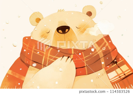Illustration of a cute funny bear Teddy bear in a scarf in winter isolated on a light background, children's illustration for a postcard Illustration of a cute funny bear Teddy bear in a scarf in winter isolated on a light background, children's illustration for a postcard 114383526