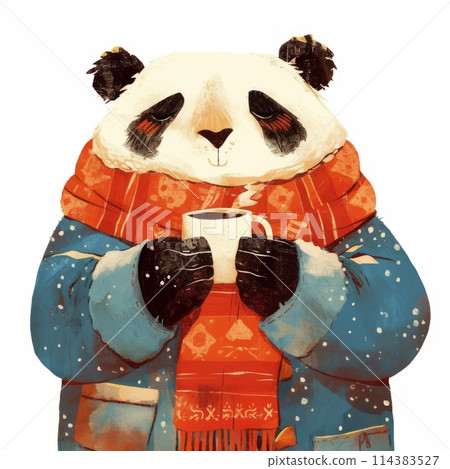 Illustration of a cute funny Panda bear in a scarf in winter isolated on a light background, children's illustration for a postcard 114383527