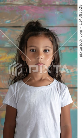 Hispanic child girl 4-6 years old in a white T-shirt without a pattern against the background of a colored wall Hispanic child girl 4-6 years old in a white T-shirt without a pattern against the background of a colored wall 114383529
