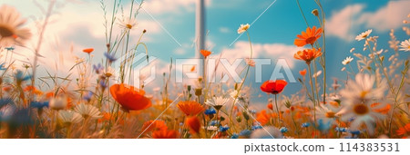 Summer wild field with wildflowers daisies and cornflowers and poppies in the rays of the sun, banner Summer wild field with wildflowers daisies and cornflowers and poppies in the rays of the sun, banner 114383531
