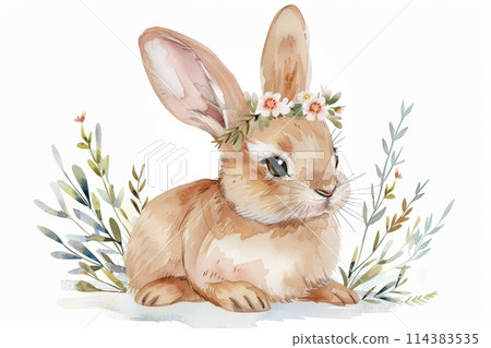 Watercolor illustration of a cute bunny with flowers, children's illustration 114383535