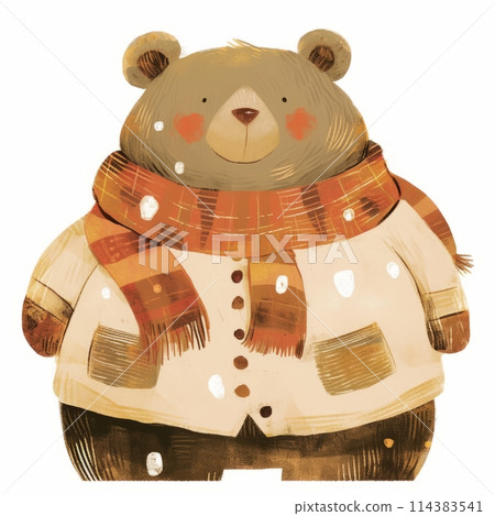 Illustration of a cute funny bear Teddy bear in a scarf in winter isolated on a light background, children's illustration for a postcard Illustration of a cute funny bear Teddy bear in a scarf in winter isolated on a light background, children's illustration for a postcard 114383541