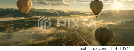 Top view of green landscape and mountain valleys and colorful hot air balloons flying in the sky, banner Top view of green landscape and mountain valleys and colorful hot air balloons flying in the sky, banner 114383545