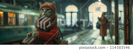 Cute kind funny cats in winter clothes and hats at the railway station with suitcases, children's book, banner Cute kind funny cats in winter clothes and hats at the railway station with suitcases, children's book, banner 114383546