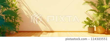Empty wall with shadow from plants, home flower in pot near wall, banner Empty wall with shadow from plants, home flower in pot near wall, banner 114383551