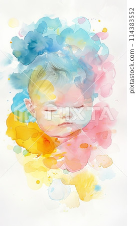 Watercolor illustration of a sleeping child baby in soothing pastel colors 114383552