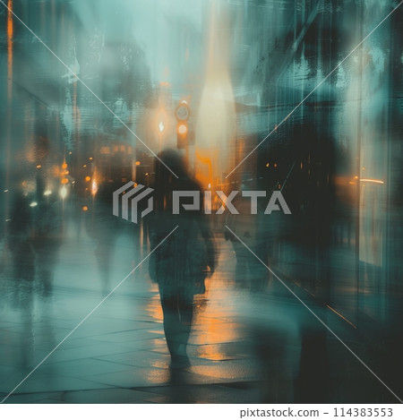 Blurred shop windows from the street in rainy weather, shopping concept in a supermarket Blurred shop windows from the street in rainy weather, shopping concept in a supermarket 114383553