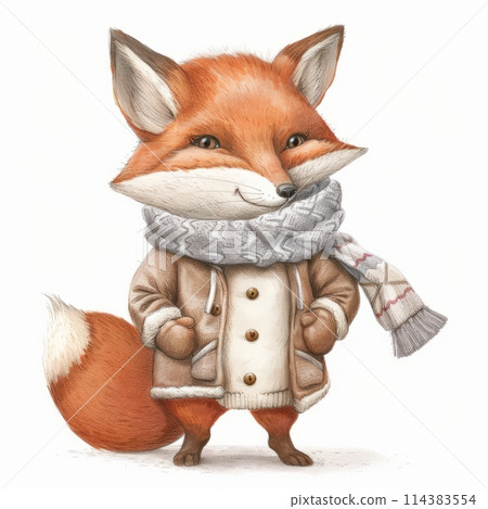 Illustration of a cute funny Fox in a scarf in winter isolated on a light background, children's illustration for a postcard Illustration of a cute funny Fox in a scarf in winter isolated on a light background, children's illustration for a postcard 114383554