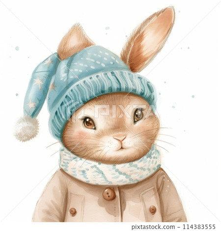 Illustration of a cute funny rabbit hare in a scarf in winter isolated on a light background, children's illustration for a postcard 114383555