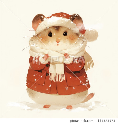 Illustration of a cute funny hamster in a scarf in winter isolated on a light background, children's illustration for a postcard Illustration of a cute funny hamster in a scarf in winter isolated on a light background, children's illustration for a postcard 114383573
