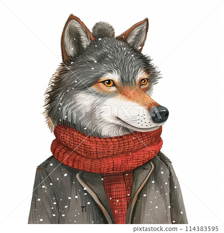 Illustration of a cute funny wolf in a scarf in winter isolated on a light background, children's illustration for a postcard Illustration of a cute funny wolf in a scarf in winter isolated on a light background, children's illustration for a postcard 114383595