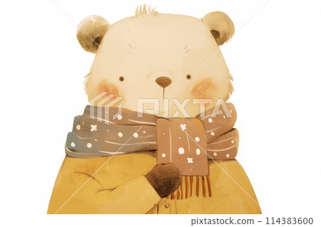 Illustration of a cute funny bear Teddy bear in a scarf in winter isolated on a light background, children's illustration for a postcard Illustration of a cute funny bear Teddy bear in a scarf in winter isolated on a light background, children's illustration for a postcard 114383600