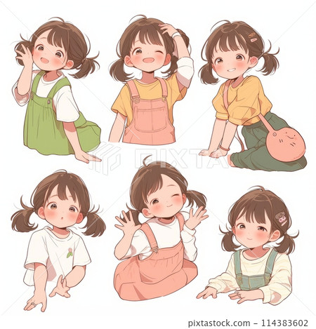 Character illustration of a young girl in different poses on a white background Character illustration of a young girl in different poses on a white background 114383602