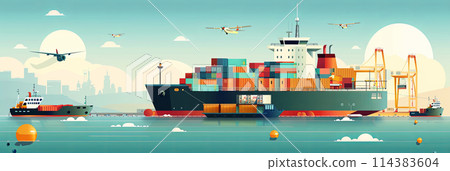 Freight transport, cargo transportation of goods by sea, rail, land and air, transportation and logistics banner illustration Freight transport, cargo transportation of goods by sea, rail, land and air, transportation and logistics banner illustration 114383604