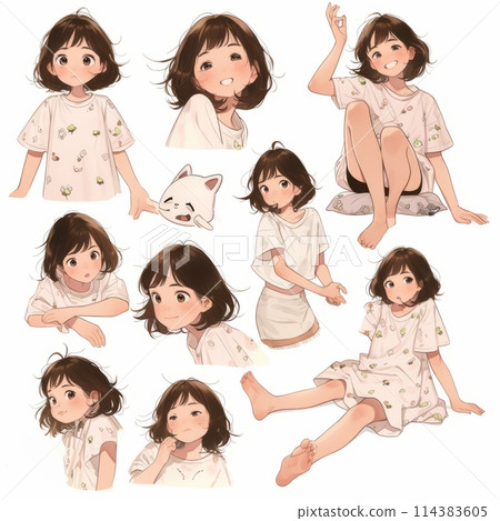 Character illustration of a young girl in different poses on a white background Character illustration of a young girl in different poses on a white background 114383605