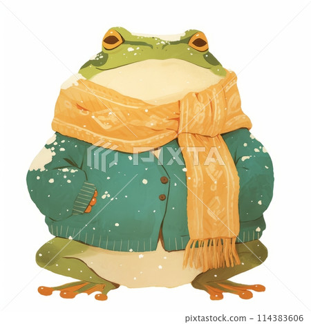 Illustration of a cute funny toad frog in a scarf in winter isolated on a light background, children's illustration for a postcard Illustration of a cute funny toad frog in a scarf in winter isolated on a light background, children's illustration for a postcard 114383606