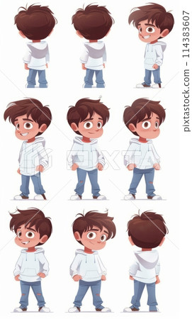 Character illustration of a young boy in different poses on a white background Character illustration of a young boy in different poses on a white background 114383607