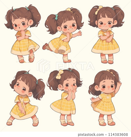 Character illustration of a young girl in different poses on a white background Character illustration of a young girl in different poses on a white background 114383608