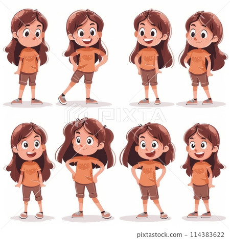 Character illustration of a young girl in different poses on a white background Character illustration of a young girl in different poses on a white background 114383622
