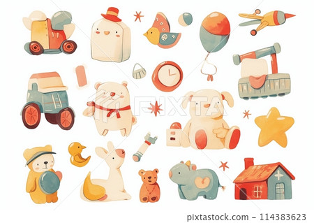 Watercolor illustration of children's toys in calm pastel colors isolated on a white background 114383623