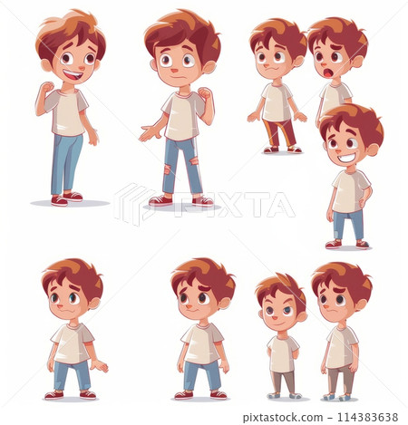 Character illustration of a young boy in different poses on a white background Character illustration of a young boy in different poses on a white background 114383638