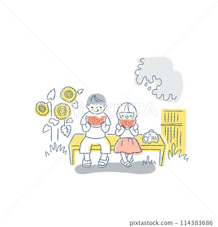 Boys and girls eating watermelons 114383686