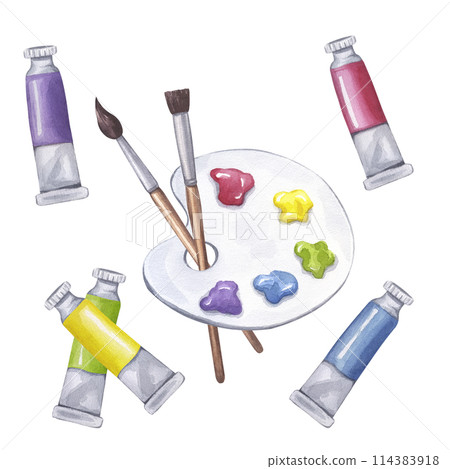 Art supplies set colored paint palette paintbrushes tubes cuvettes tempera gouache acrylic oil. Hand drawn watercolor illustration isolated background. For printing postcards, invitations, textile 114383918