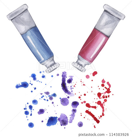 Paint tube blue and red colors mix make purple violet. Oil acrylic tempera gouache. Packaging art liquid pigments splattered drops. Hand drawn watercolor illustration isolated background. Paint tube blue and red colors mix make purple violet. Oil acrylic tempera gouache. Packaging art liquid pigments splattered drops. Hand drawn watercolor illustration isolated background. 114383926