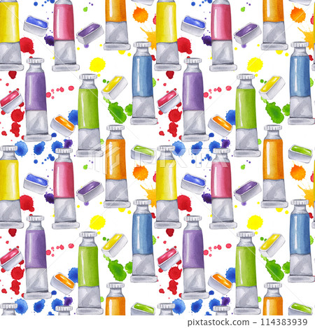 Seamless pattern brightly colored paint tubes cuvettes tempera, gouache. Ink splatters drop spots rainbow colors. Artist abstract creation. Hand drawn watercolor illustration isolated background. 114383939