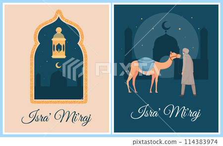 Hand drawn flat Isra Miraj poster template set with arab elements and character Hand drawn flat Isra Miraj poster template set with arab elements and character 114383974