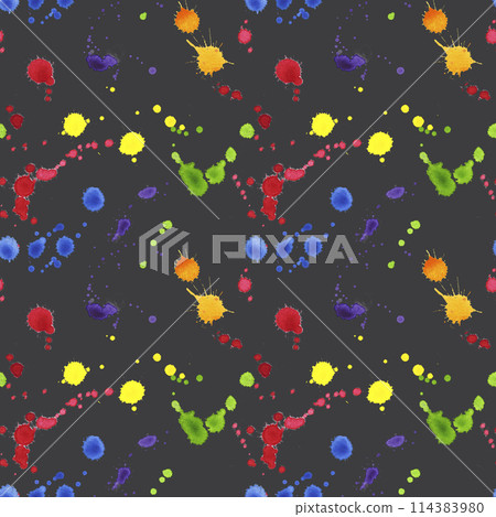 Seamless pattern brightly colored paint splatters. Drop spots colors of rainbow. Artist abstract creation. Tempera, gouache, ink. Hand drawn watercolor illustration dark background. For textile 114383980