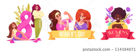 Hand drawn flat cartoon international women day illustration collection with powerful female characters Hand drawn flat cartoon international women day illustration collection with powerful female characters 114384071