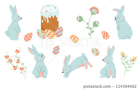 Hand drawn flat easter original set with rabbits and easter eggs 114384082