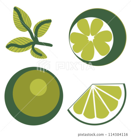 a set of illustrations of limes whole and slices on a white background hand-drawn a set of illustrations of limes whole and slices on a white background hand-drawn 114384116