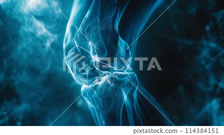 X-ray image. Detailed visualization of knee joint, emphasizing importance of maintaining joint health through proper care 114384151