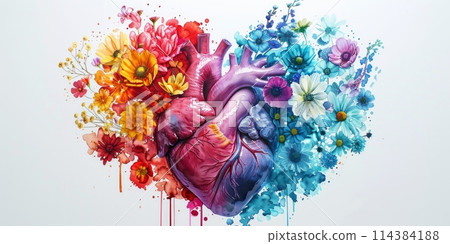 Human heart made of flowers in vibrant colors showing detailed anatomy and functionality through unique artistic representation 114384188
