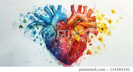 Human heart made of flowers in vibrant colors showing detailed anatomy and functionality through unique artistic representation Human heart made of flowers in vibrant colors showing detailed anatomy and functionality through unique artistic representation 114384191