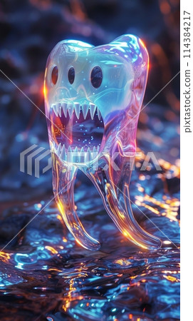Tooth in image of ghost highlighting importance of brushing and flossing to maintain good oral hygiene Tooth in image of ghost highlighting importance of brushing and flossing to maintain good oral hygiene 114384217