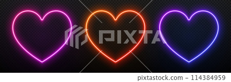 Neon light in the shape of a heart. Led glow for love and Valentine day. 3D laser frame with gradient. Lamp border elements for design with text. 114384959