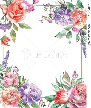 Elegant floral border with watercolor roses, peonies, and lavender in pastel hues, framed by gold for luxurious wedding invitations on a white background. Elegant floral border with watercolor roses, peonies, and lavender in pastel hues, framed by gold for luxurious wedding invitations on a white background. 114385094