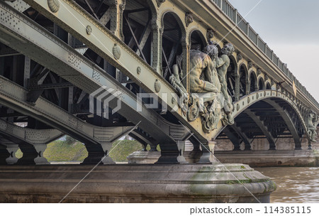 Detail of Sculptures decorating the two level bridge Bir Akime (Pont de Bir-Hakeim steel bridge). 114385115