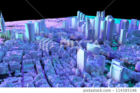 從俯視圖看到的新宿建築區的 3D 插圖,被夢幻般的燈光照亮 從俯視圖看到的新宿建築區的 3D 插圖,被夢幻般的燈光照亮 114385146