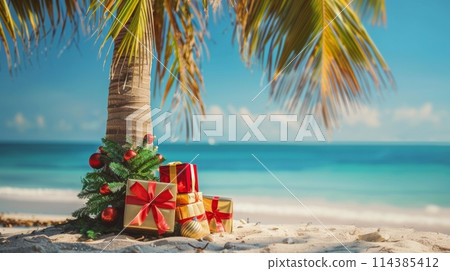 Palm tree with holiday decorations on a sunny beach, surrounded by festive gift boxes 114385412
